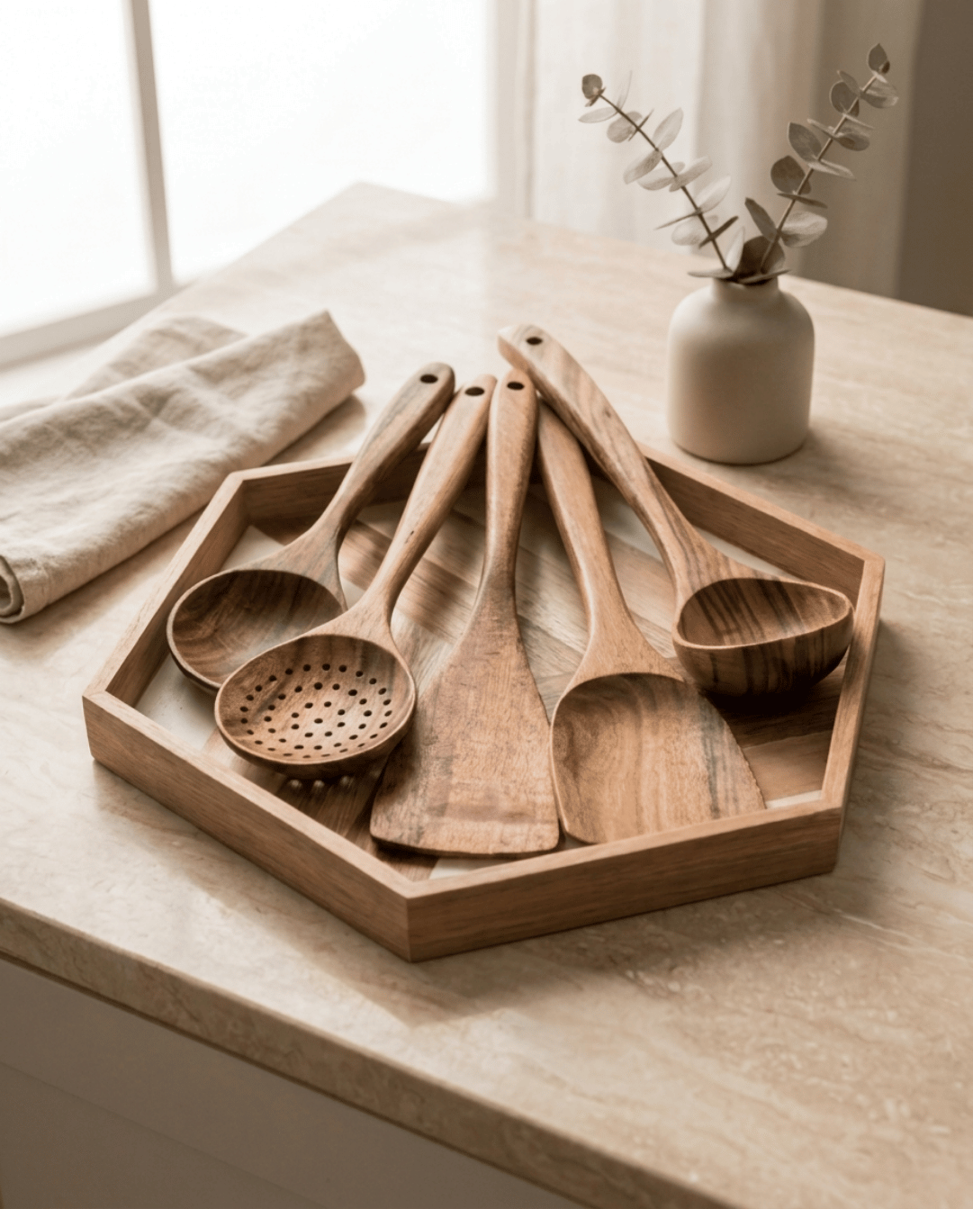 Teakhouten Keukengerei Set 5 Delig - Natuurlijke Houten Kookgerei | 5 Stuks - Maison Roze