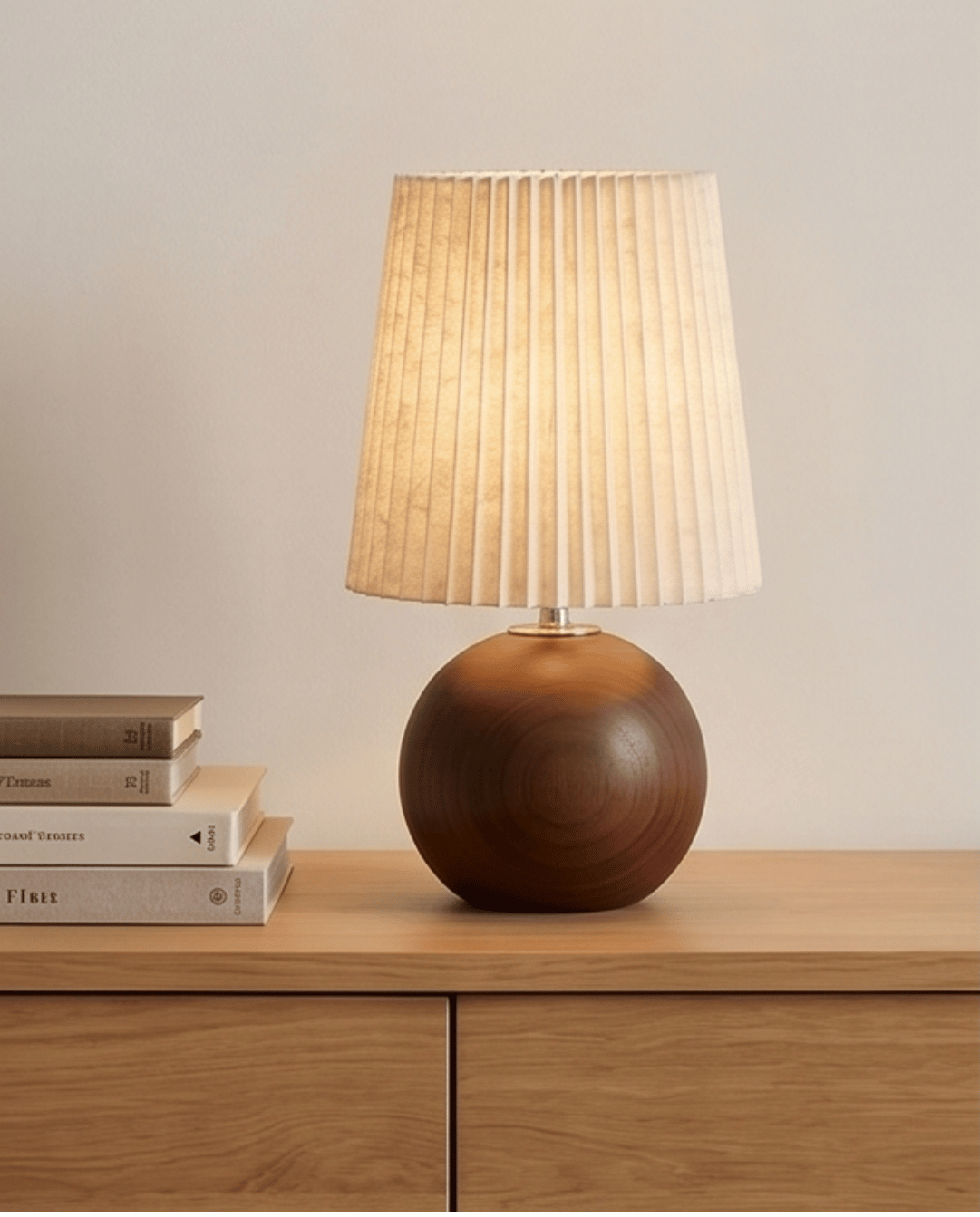 Tafellamp van keramiek met hout design en stoffen kap - rond, 28,5cm | Walnoot - Maison Roze