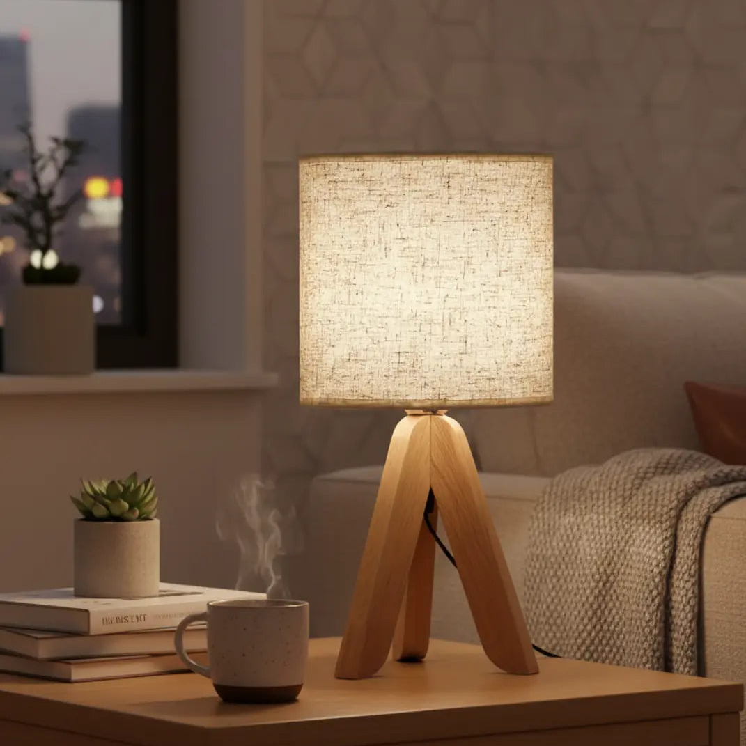 40cm Minimalistische Tafellamp – Houten Tripod Voet Met Stoffen Kap