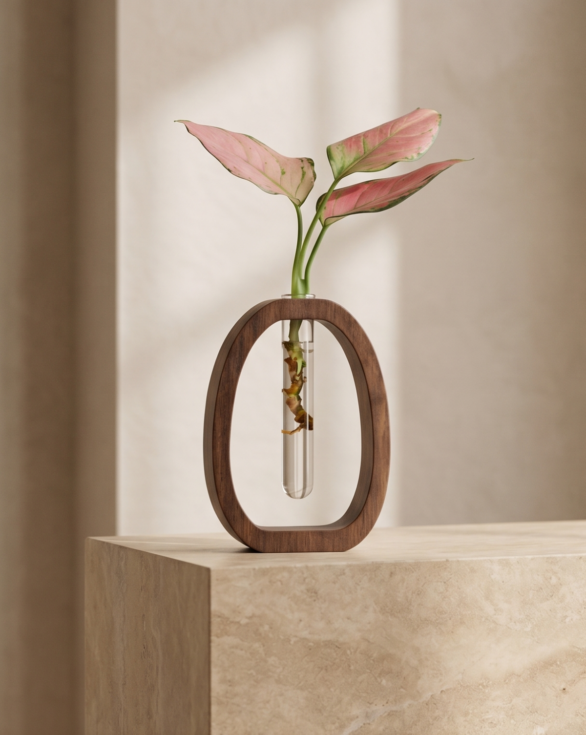 Cove vaas van massief walnoothout met glazen reageerbuis, 14,5cm | - Maison Roze