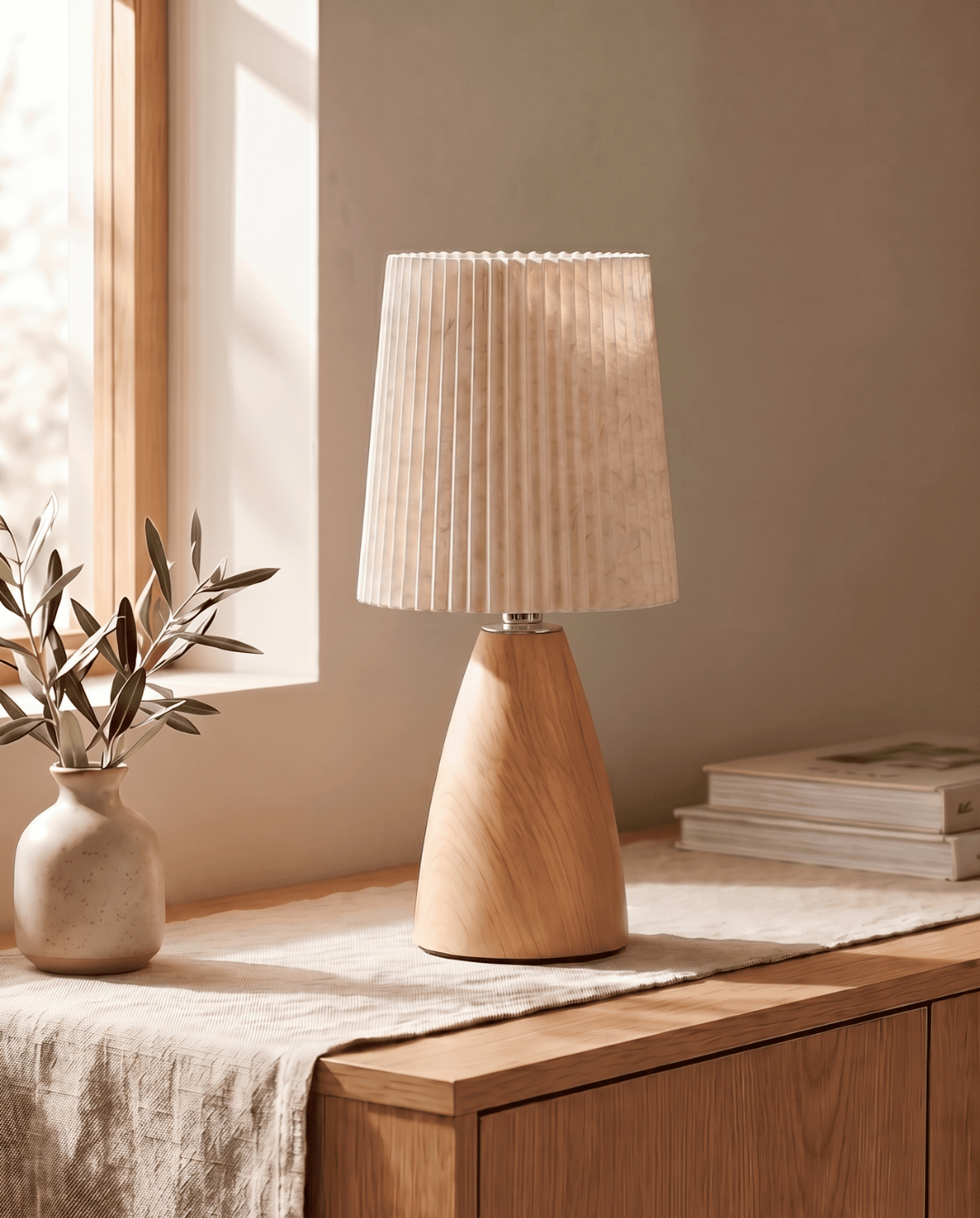 Tafellamp van keramiek met hout design en stoffen kap - kegel | Eiken - Maison Roze