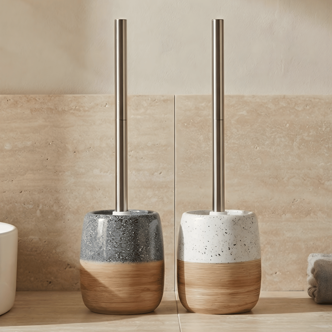 Keramische Toiletborstelset – Houten Textuur Voet – Roestvrijstalen Handvat