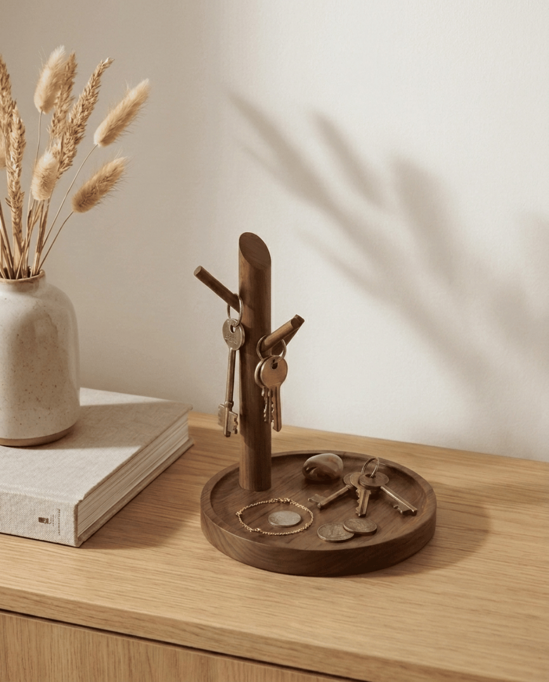 Sleutelhouder Hout Bamboe | Minimalistisch Plateau met Haken, 20 cm | Bruin - Maison Roze