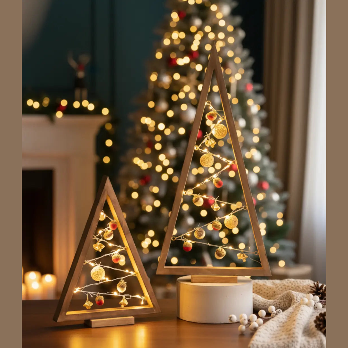 Driehoekige Houten Kerstboom – Minimalistische Tafeldecoratie Met Ornamenten – Massief Hout