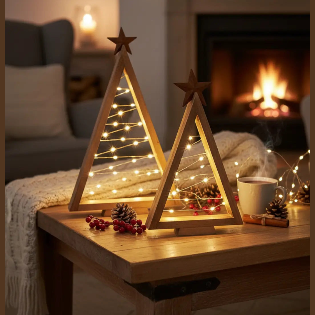 Houten LED Kerstboom – Warm Wit Verlichte Tafeldecoratie – Natuurlijk Hout