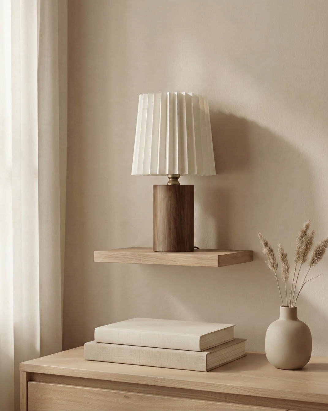 Koreaanse Stijl Tafellamp – Geplooide Stoffen Kap Met Houten Voet | - Maison Roze