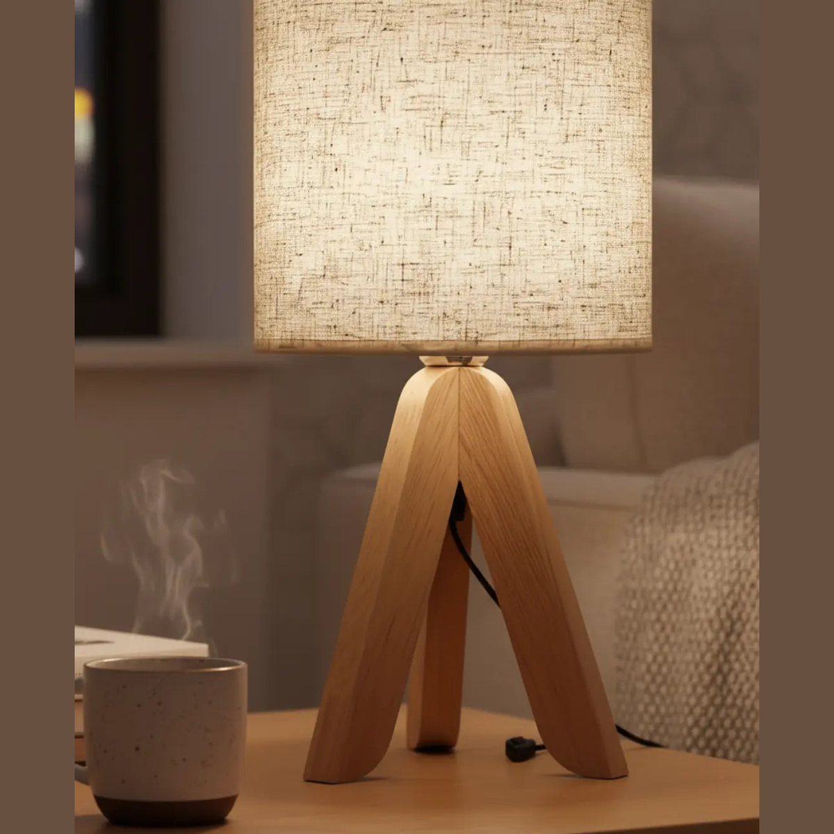 40cm Minimalistische Tafellamp – Houten Tripod Voet Met Stoffen Kap