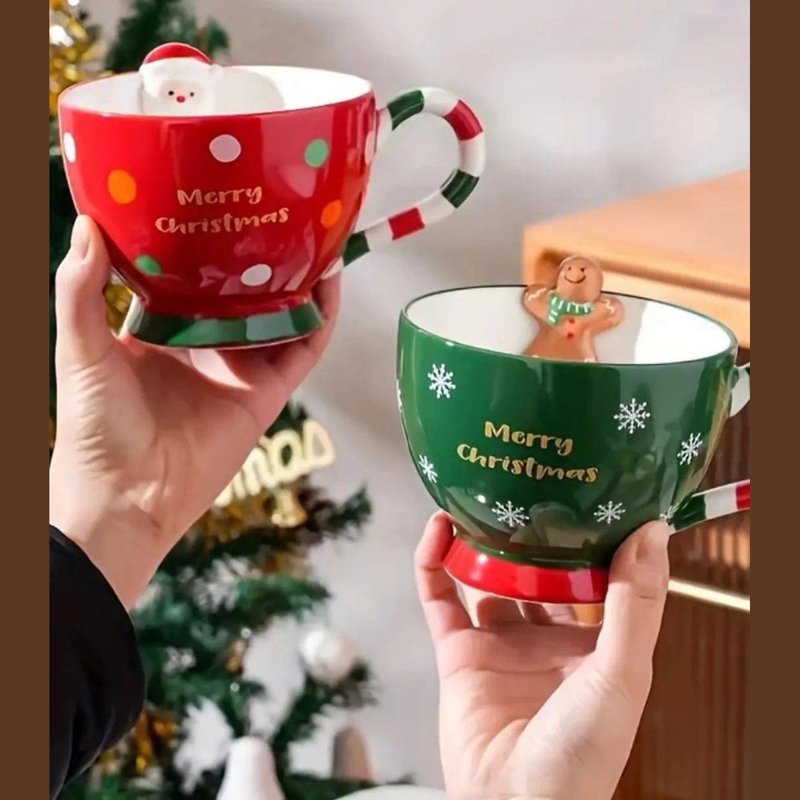 500ml Feestelijke Keramische Mok – Groene En Rode Kerst Cartoon Ontwerp