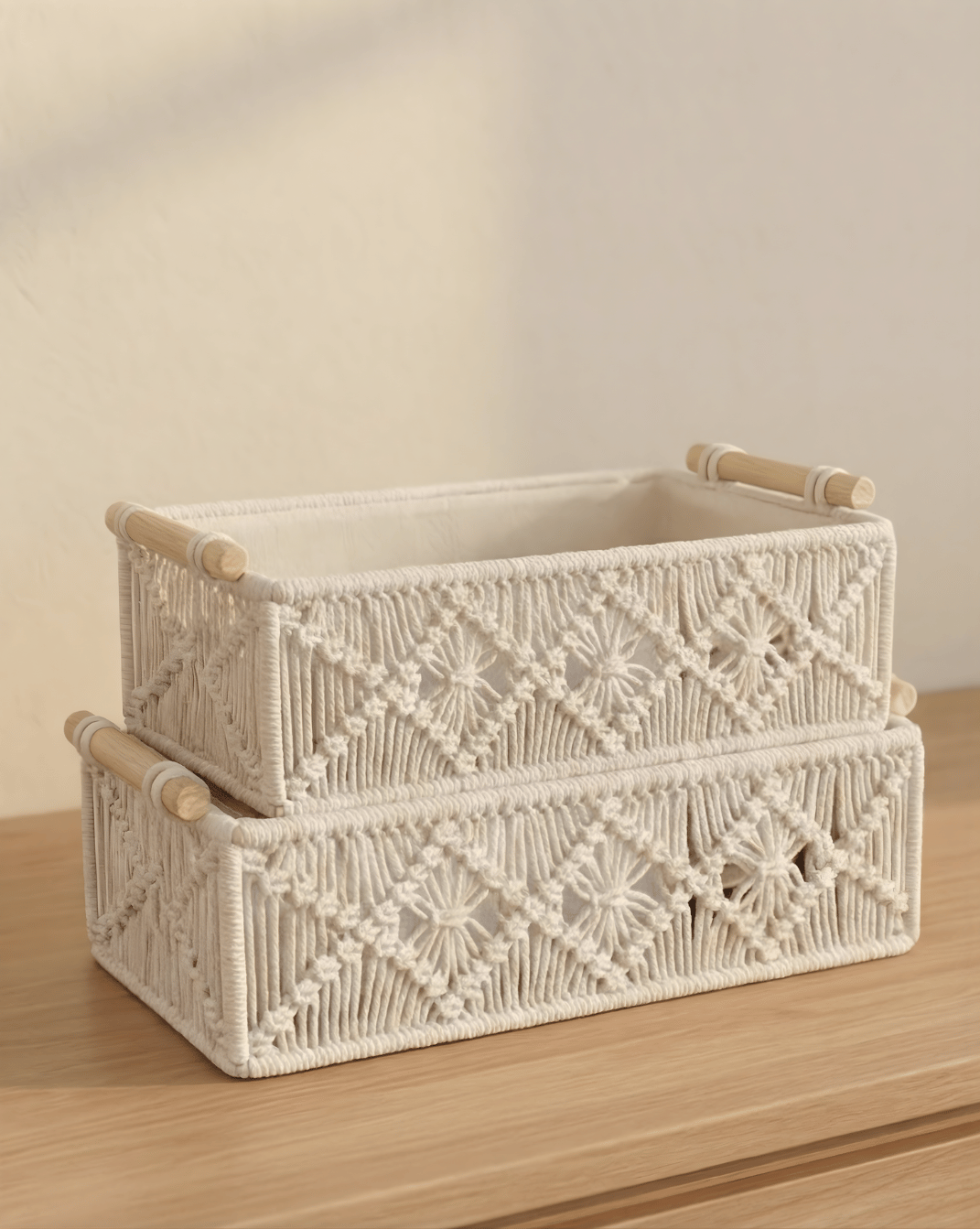 Boho Opbergmandjes Set (2 stuks) - Gevlochten Organizer met Houten Handvatten | - Maison Roze