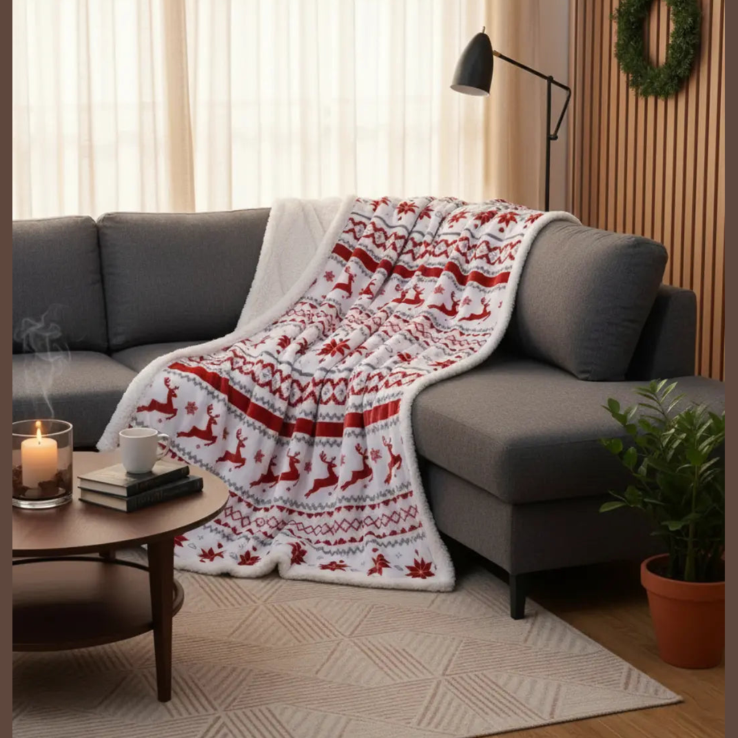 Witte Pluche Kerstdeken – Rode Rendierprint