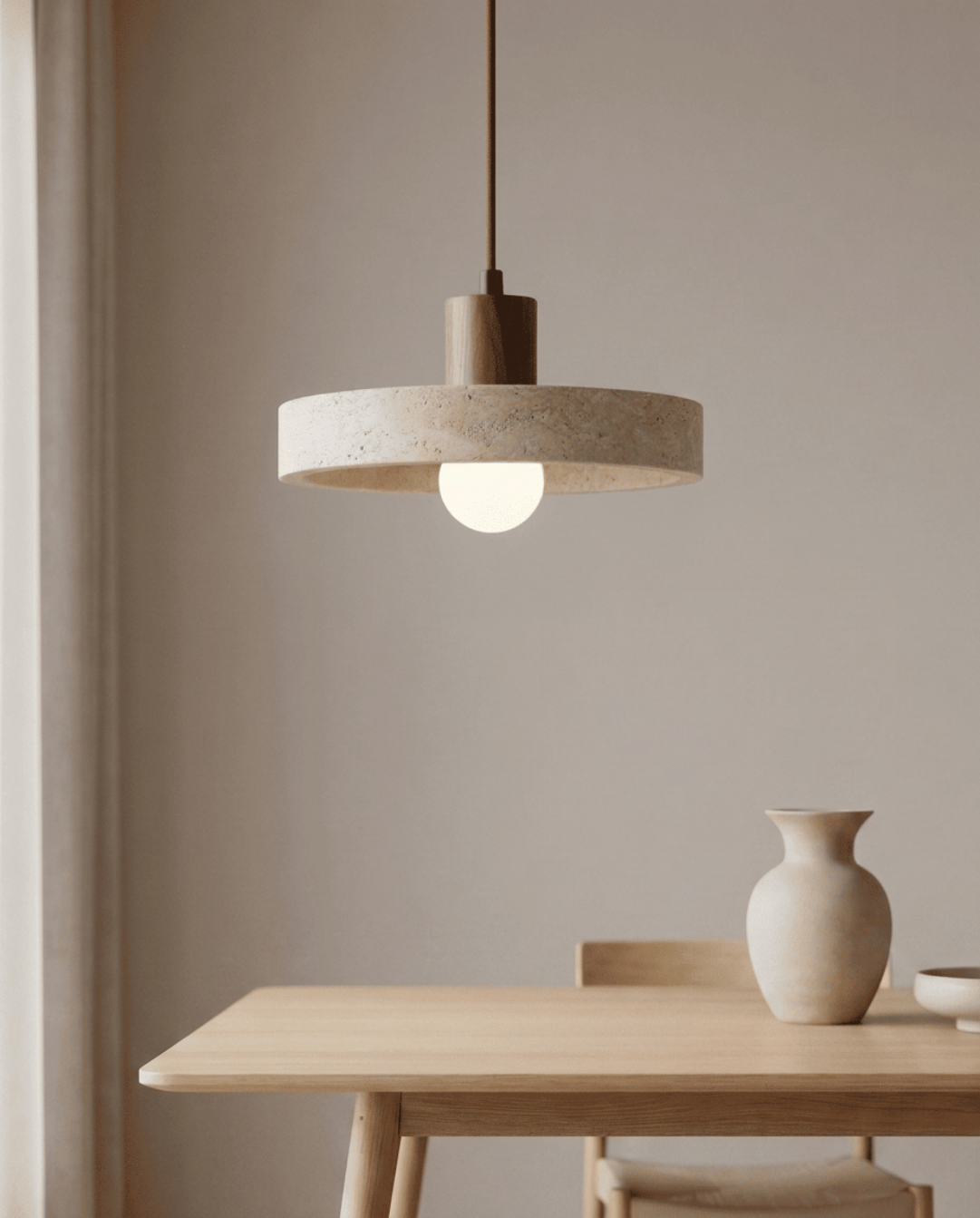 Dune Hanglamp Van Geel Travertijn Met Massief Houten Accent | - Maison Roze