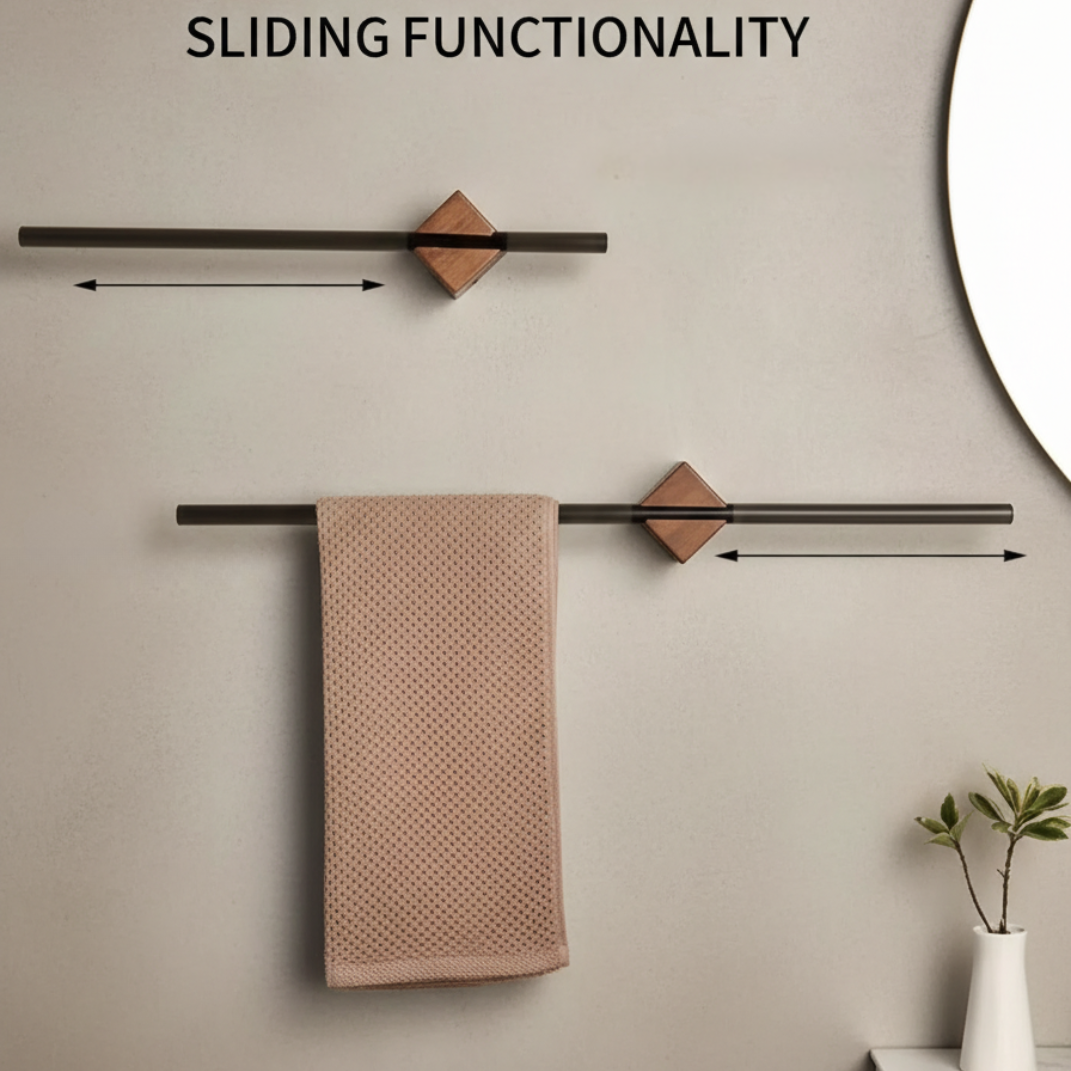 Uitschuifbaar Handdoekrek – Roestvrijstalen Verstelbare Rail – Houten Look Wandbevestiging