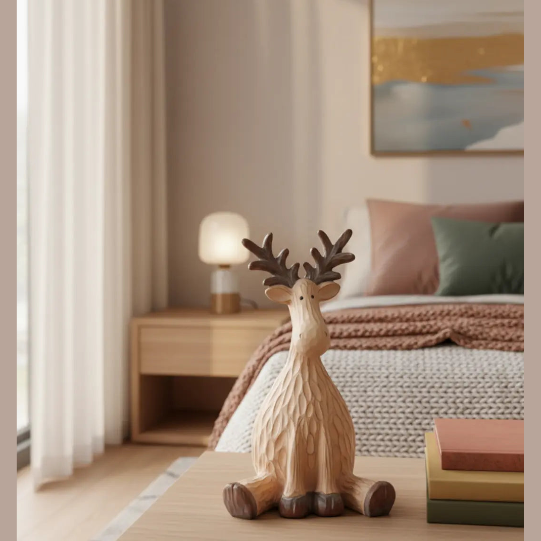 Zittend Feestelijk Rendierbeeld 21,5cm – Polyresin Decoratie Met Bruine Houtafwerking