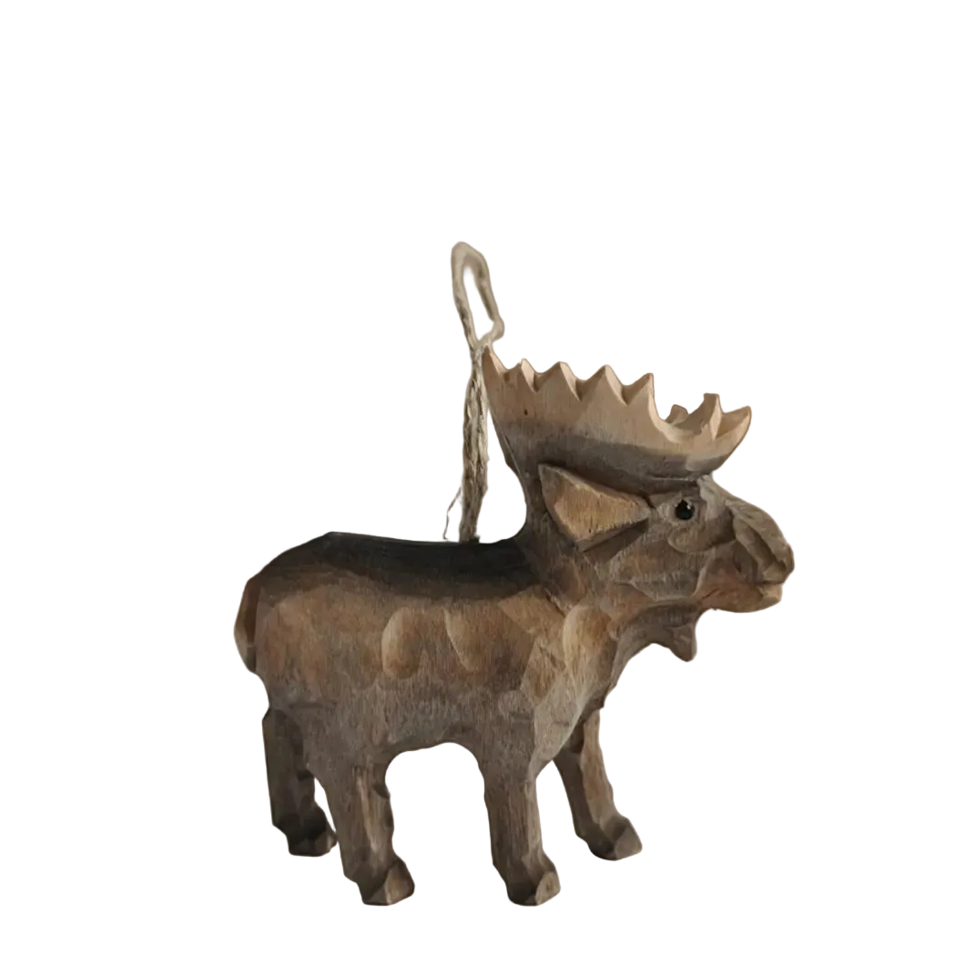 Handgesneden Houten Eland Ornament – Massief Hout Rustieke Kerstdecoratie