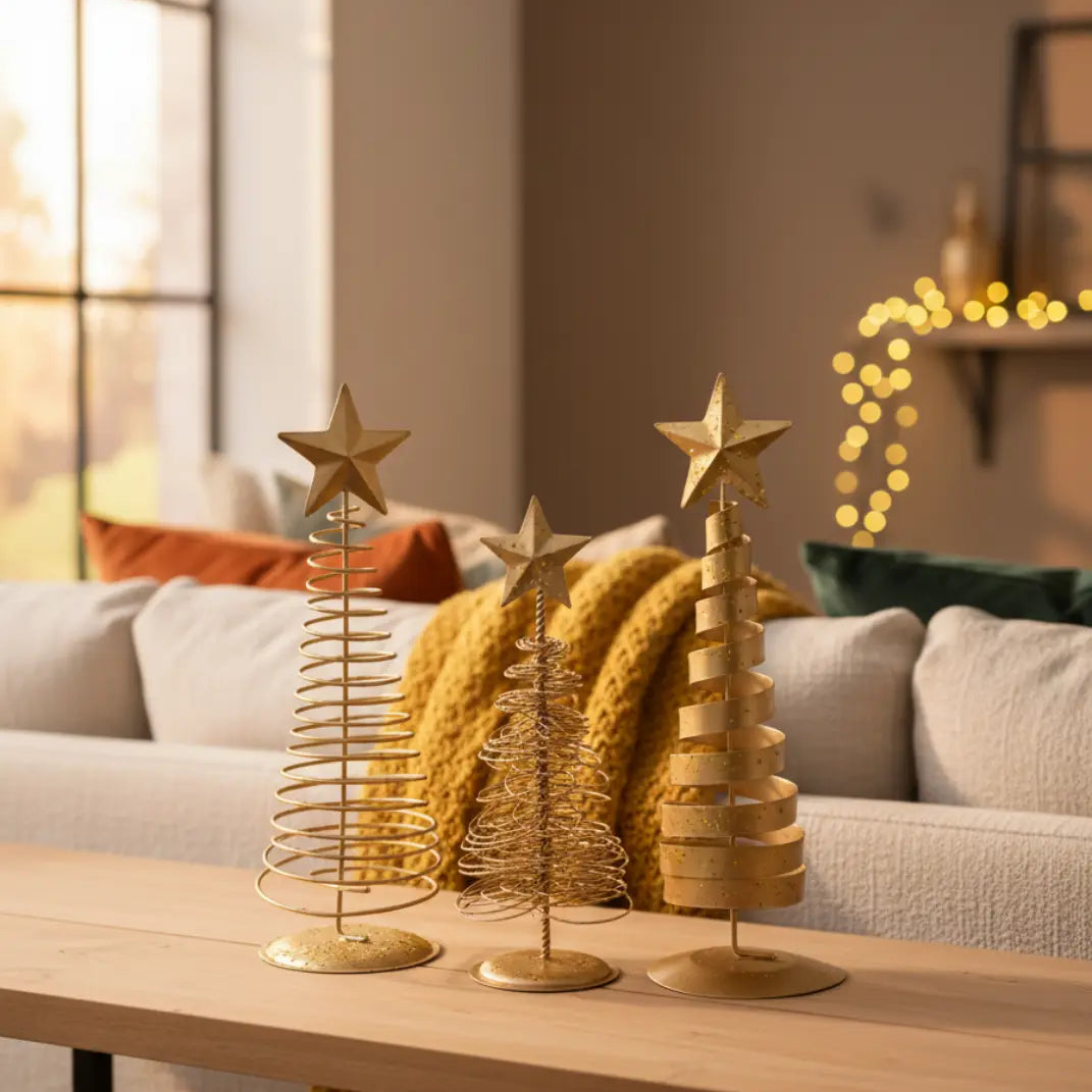 Vintage Gouden Ijzeren Kerstbomen – Minimalistische Scandinavische Tafeldecoratie