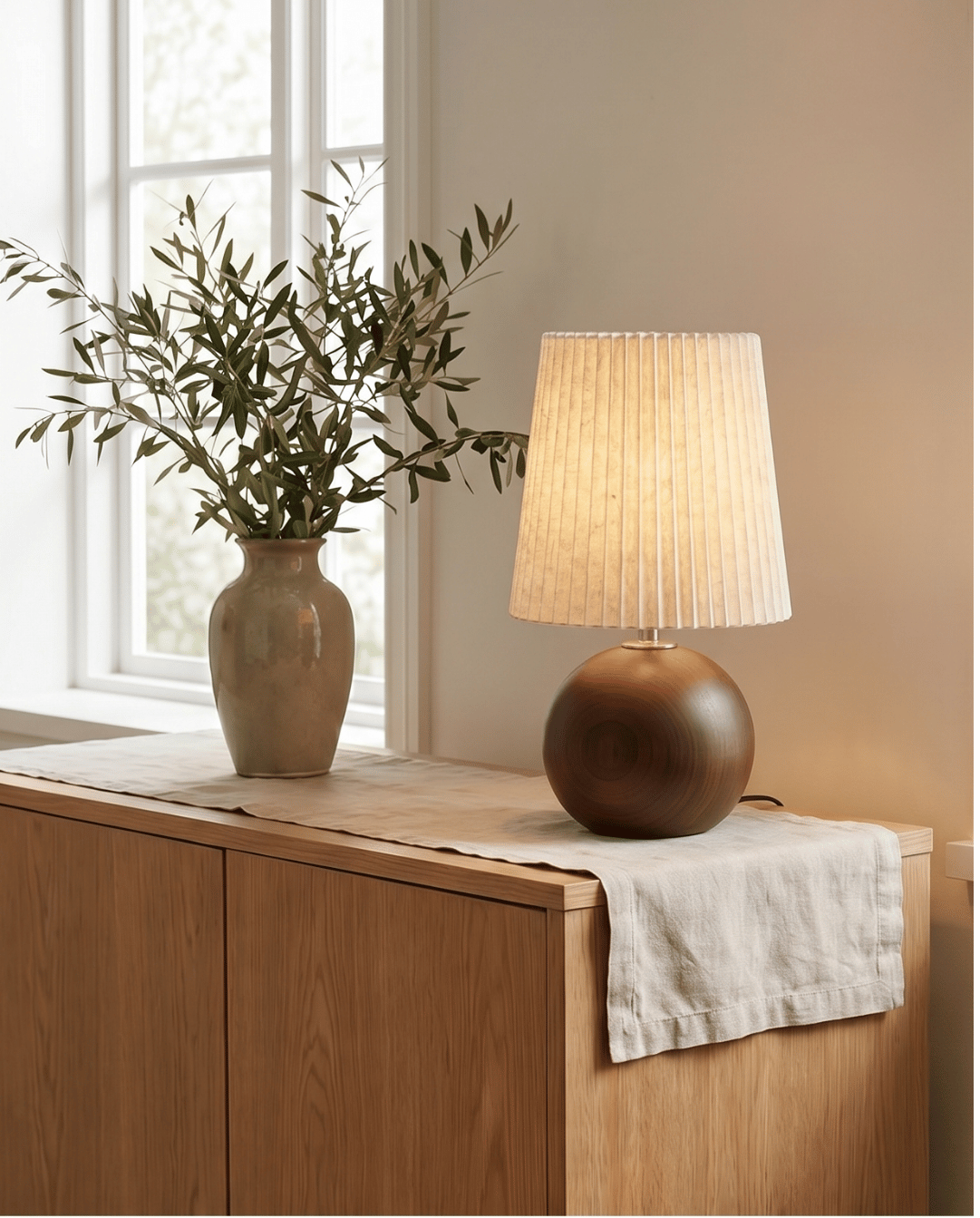 Tafellamp van keramiek met hout design en stoffen kap - rond, 28,5cm | - Maison Roze