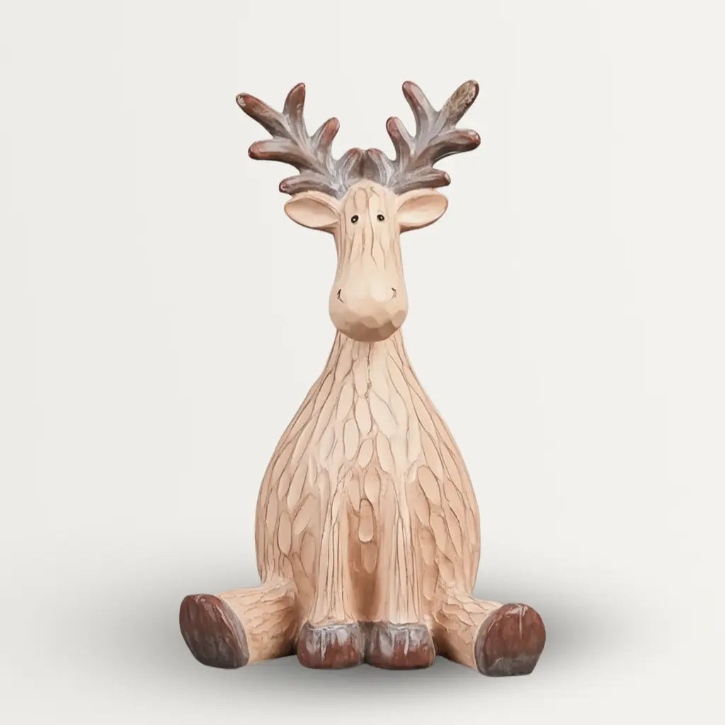 Zittend Feestelijk Rendierbeeld 21,5cm – Polyresin Decoratie Met Bruine Houtafwerking