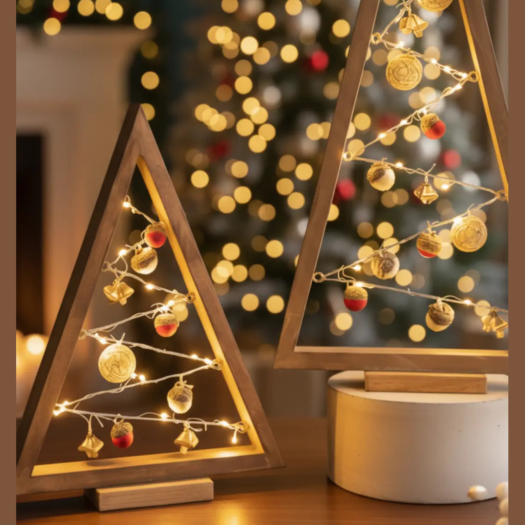 Driehoekige Houten Kerstboom – Minimalistische Tafeldecoratie Met Ornamenten – Massief Hout