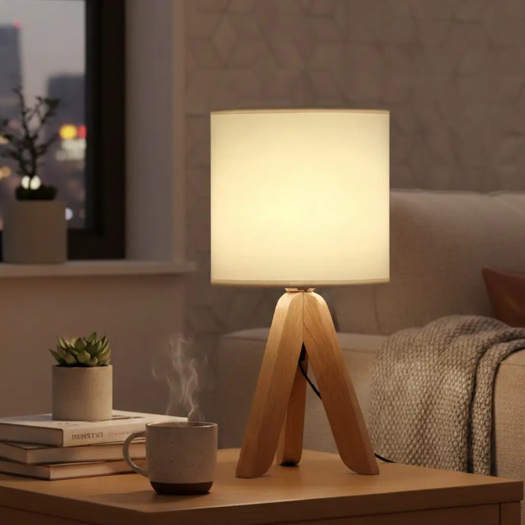 40cm Minimalistische Tafellamp – Houten Tripod Voet Met Stoffen Kap