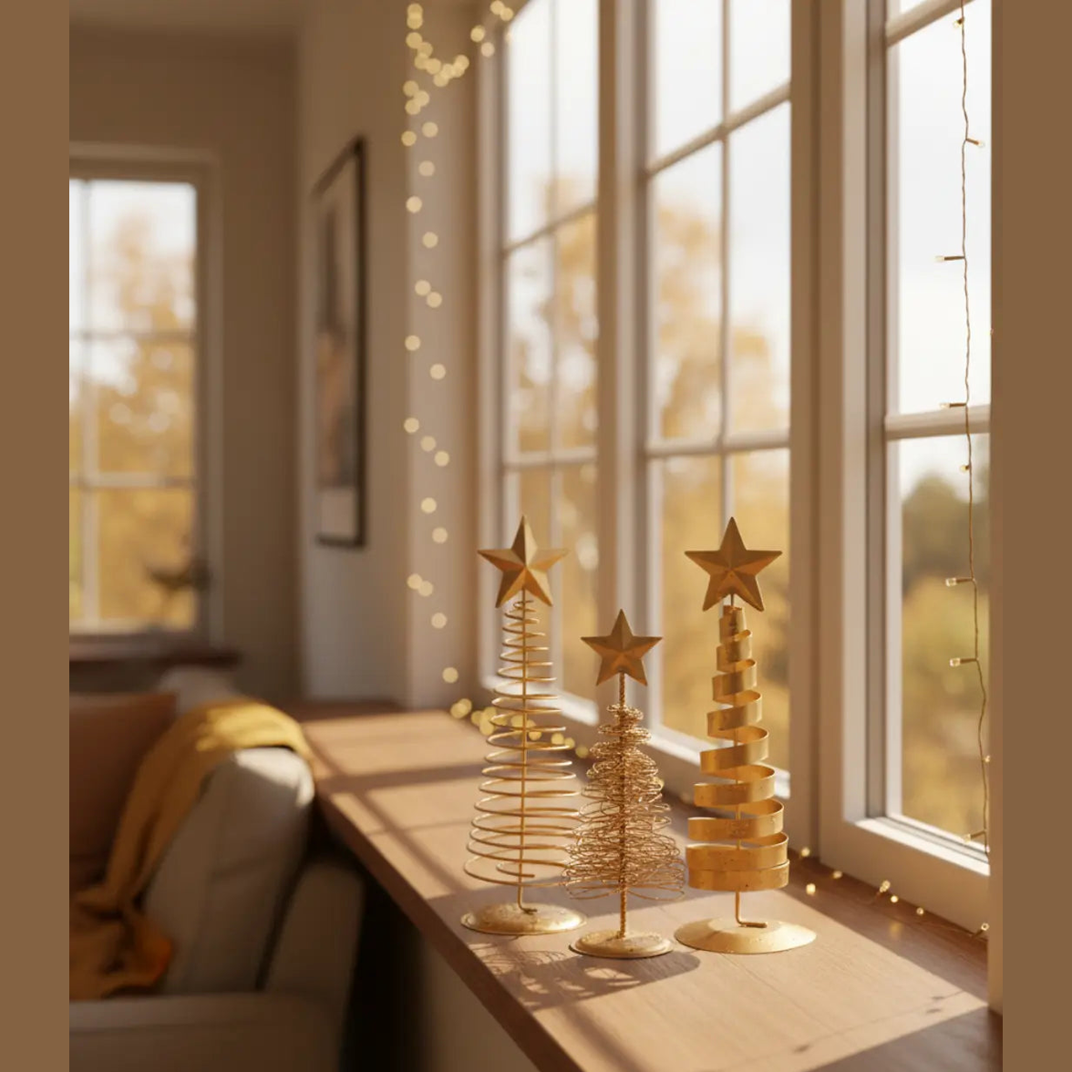 Vintage Gouden Ijzeren Kerstbomen – Minimalistische Scandinavische Tafeldecoratie
