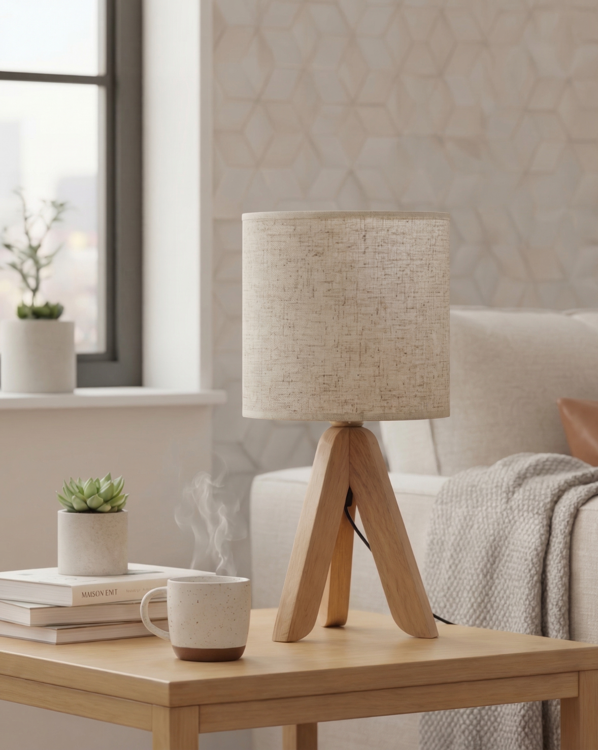 40cm Minimalistische Tafellamp – Houten Tripod Voet Met Stoffen Kap | Linnen - Maison Roze