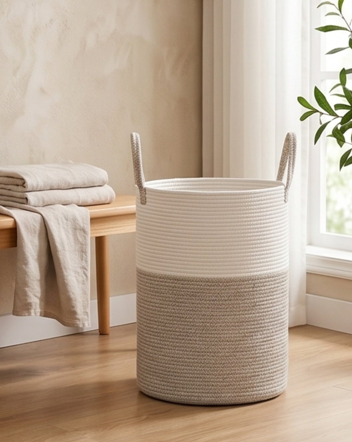 Wasmand Katoen Touw – Boho Design | Gevlochten Wasmand Naturel, 58L | - Maison Roze