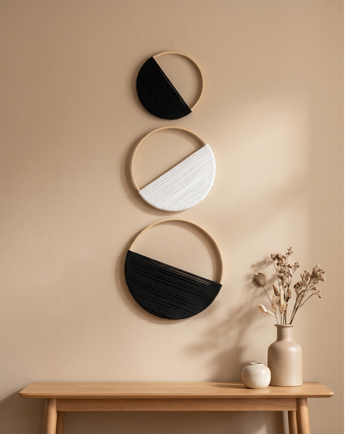 Macramé Wanddecoratie Set van 3 | Bamboe Hoepel met Geometrisch Patroon | Zwart - Maison Roze