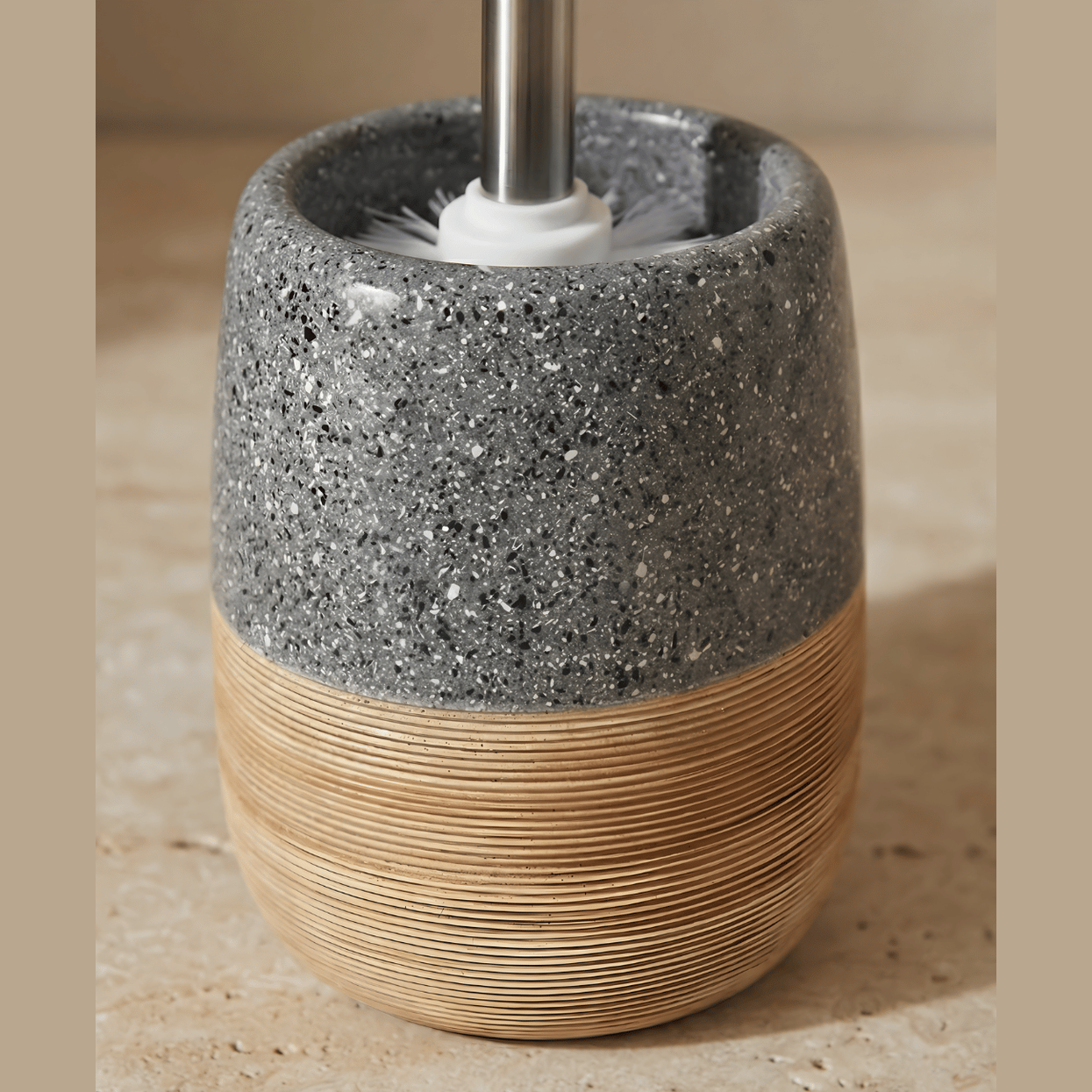 Keramische Toiletborstelset – Houten Textuur Voet – Roestvrijstalen Handvat