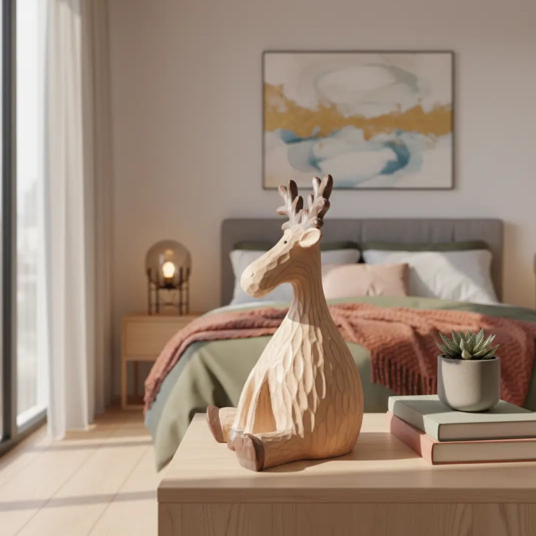 Zittend Feestelijk Rendierbeeld 21,5cm – Polyresin Decoratie Met Bruine Houtafwerking