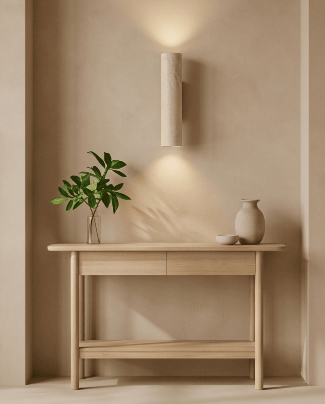 Wandlamp in natuutlijk travertijnsteen en massief hout | - Maison Roze