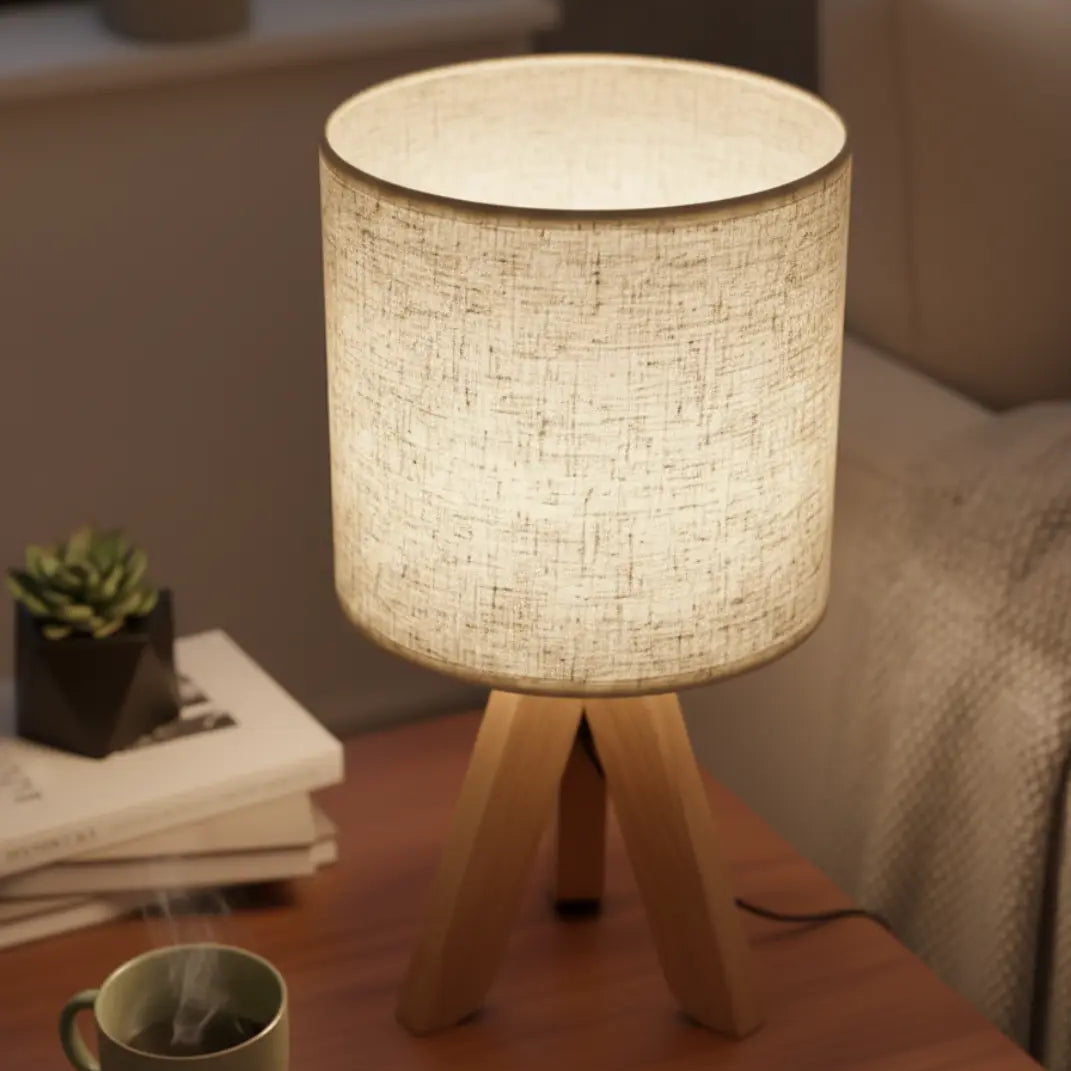 40cm Minimalistische Tafellamp – Houten Tripod Voet Met Stoffen Kap