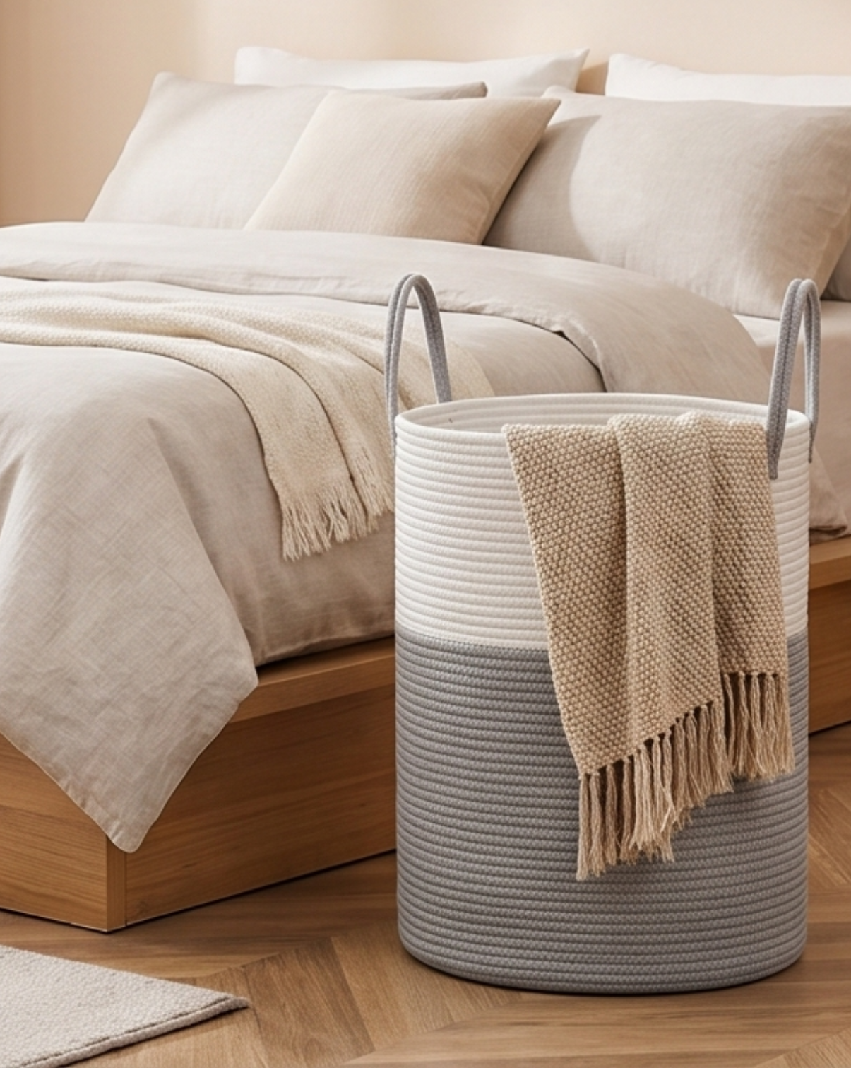 Wasmand Katoen Touw – Boho Design | Gevlochten Wasmand Naturel, 58L | - Maison Roze