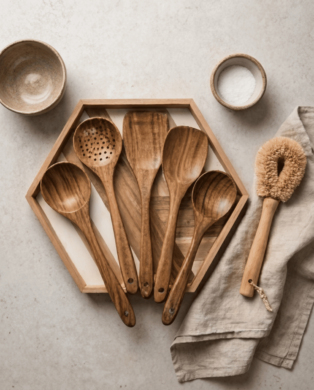 Teakhouten Keukengerei Set 5 Delig - Natuurlijke Houten Kookgerei | - Maison Roze