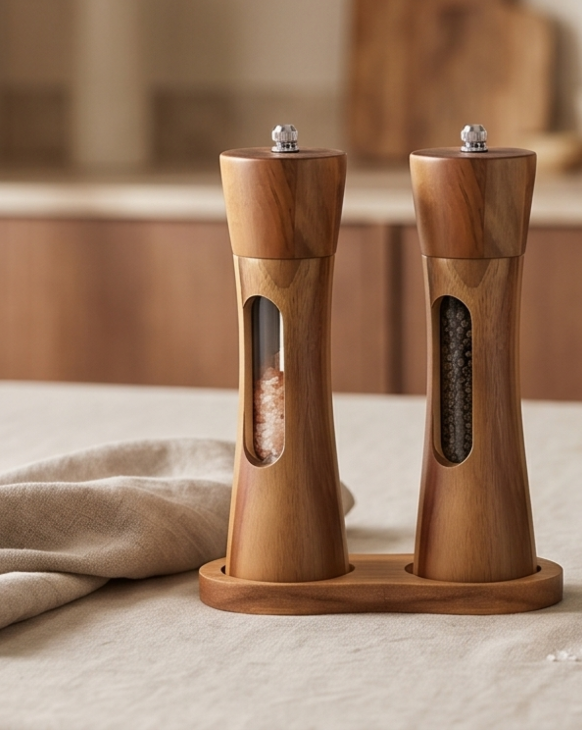 Acacia Houten Peper en Zout Molen Set - Handmatige Keuken Molens met Basis | - Maison Roze