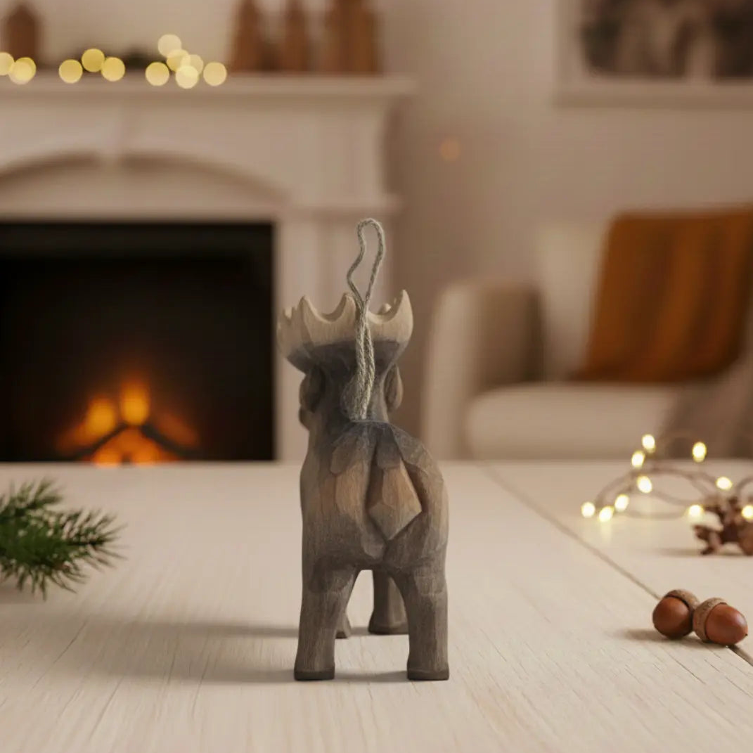 Handgesneden Houten Eland Ornament – Massief Hout Rustieke Kerstdecoratie