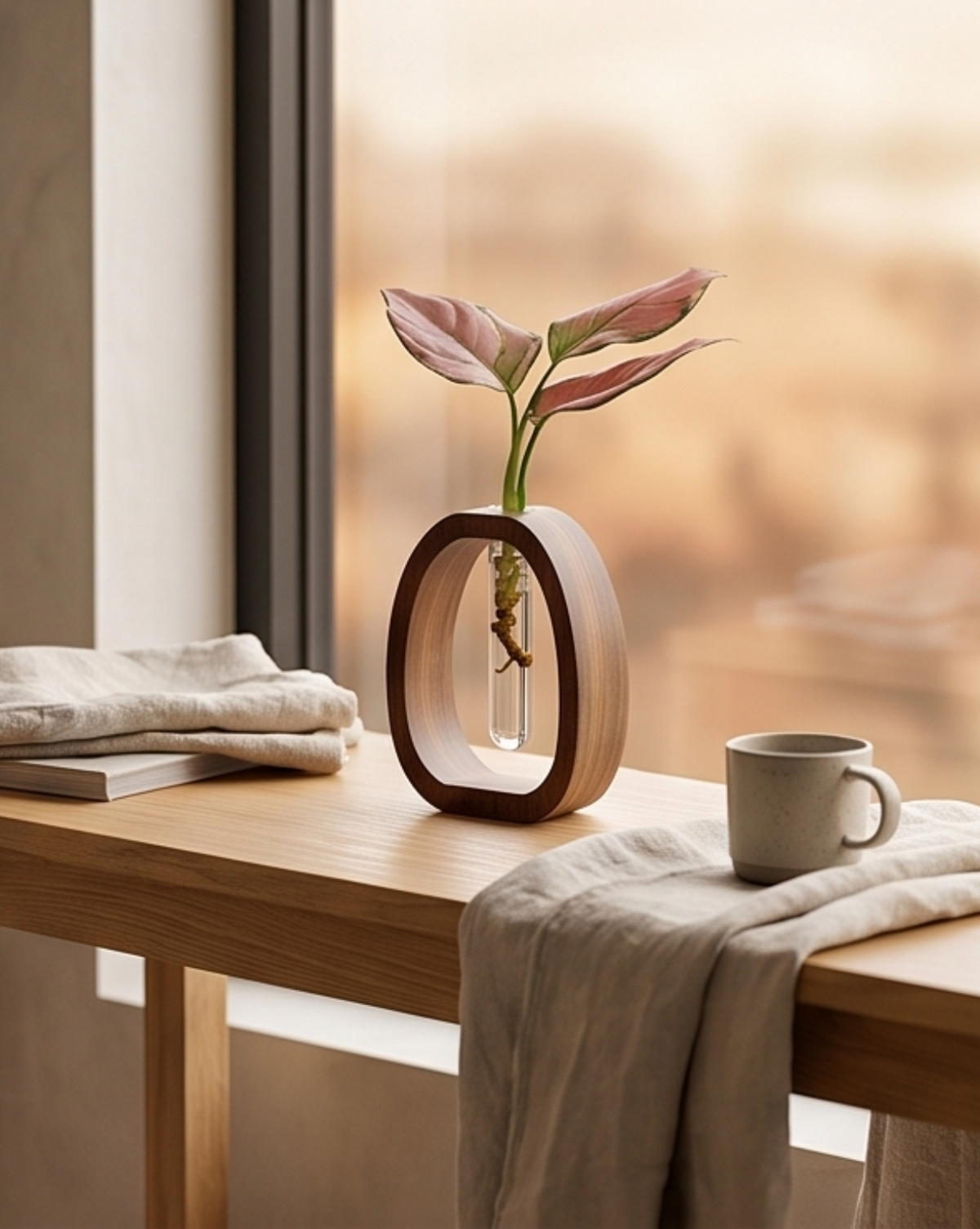 Cove vaas van massief walnoothout met glazen reageerbuis, 14,5cm | - Maison Roze