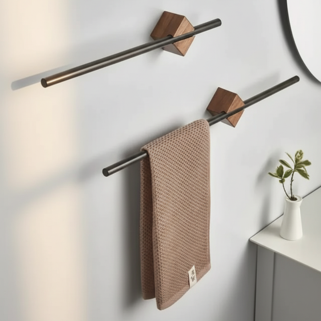 Uitschuifbaar Handdoekrek – Roestvrijstalen Verstelbare Rail – Houten Look Wandbevestiging