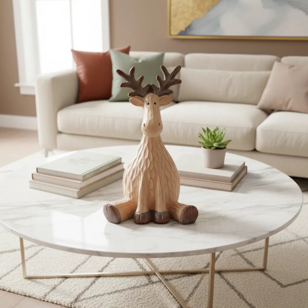Zittend Feestelijk Rendierbeeld 21,5cm – Polyresin Decoratie Met Bruine Houtafwerking