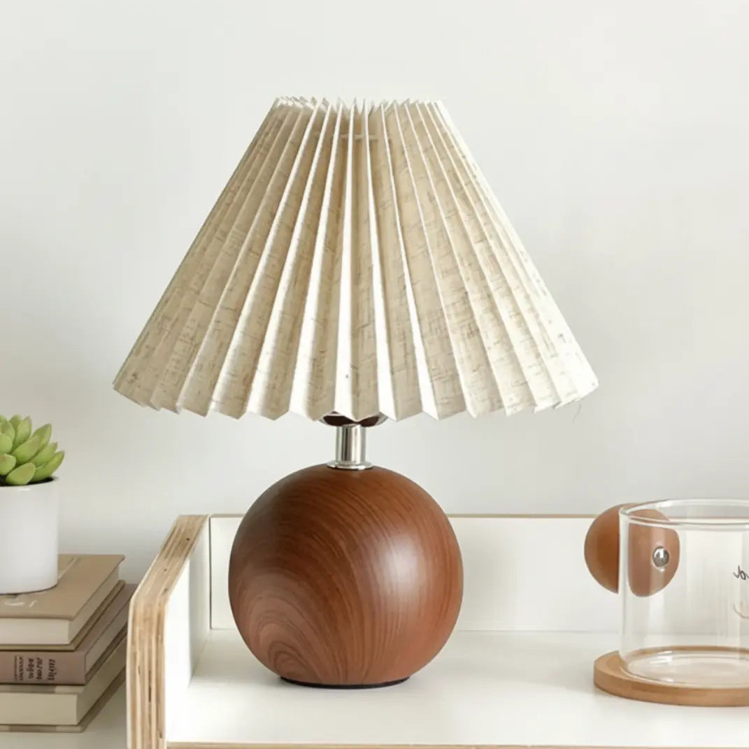 30cm Nordic Ronde Vintage Tafellamp – Keramische Voet Met Houten Afwerking