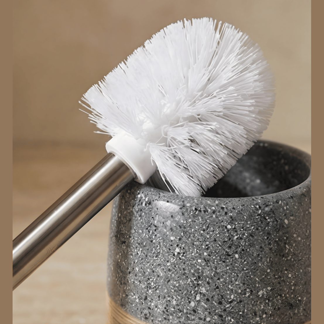 Keramische Toiletborstelset – Houten Textuur Voet – Roestvrijstalen Handvat