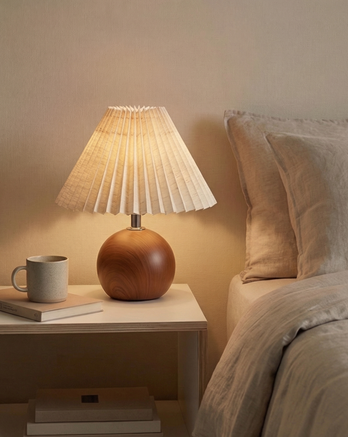 30cm Nordic Ronde Vintage Tafellamp – Keramische Voet Met Houten Afwerking | - Maison Roze