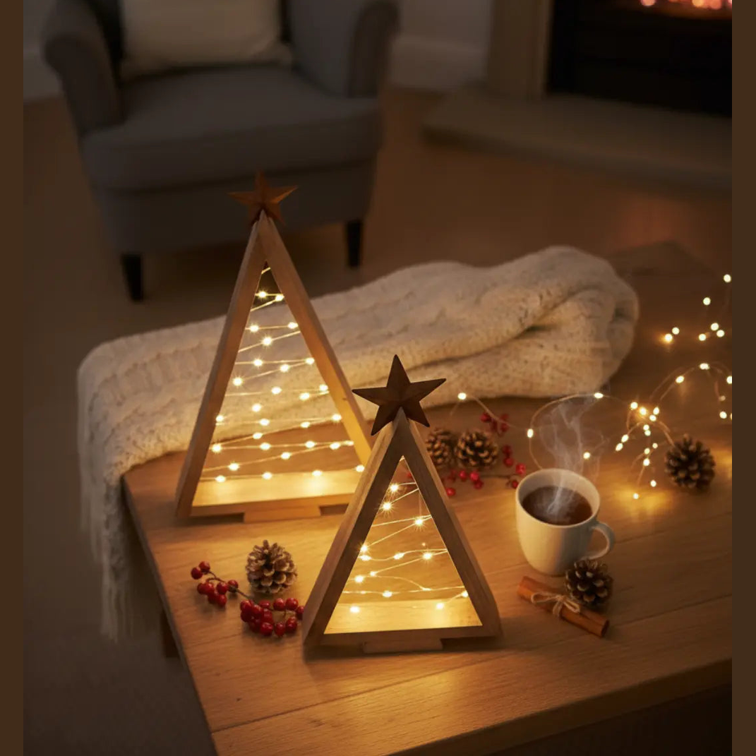 Houten LED Kerstboom – Warm Wit Verlichte Tafeldecoratie – Natuurlijk Hout