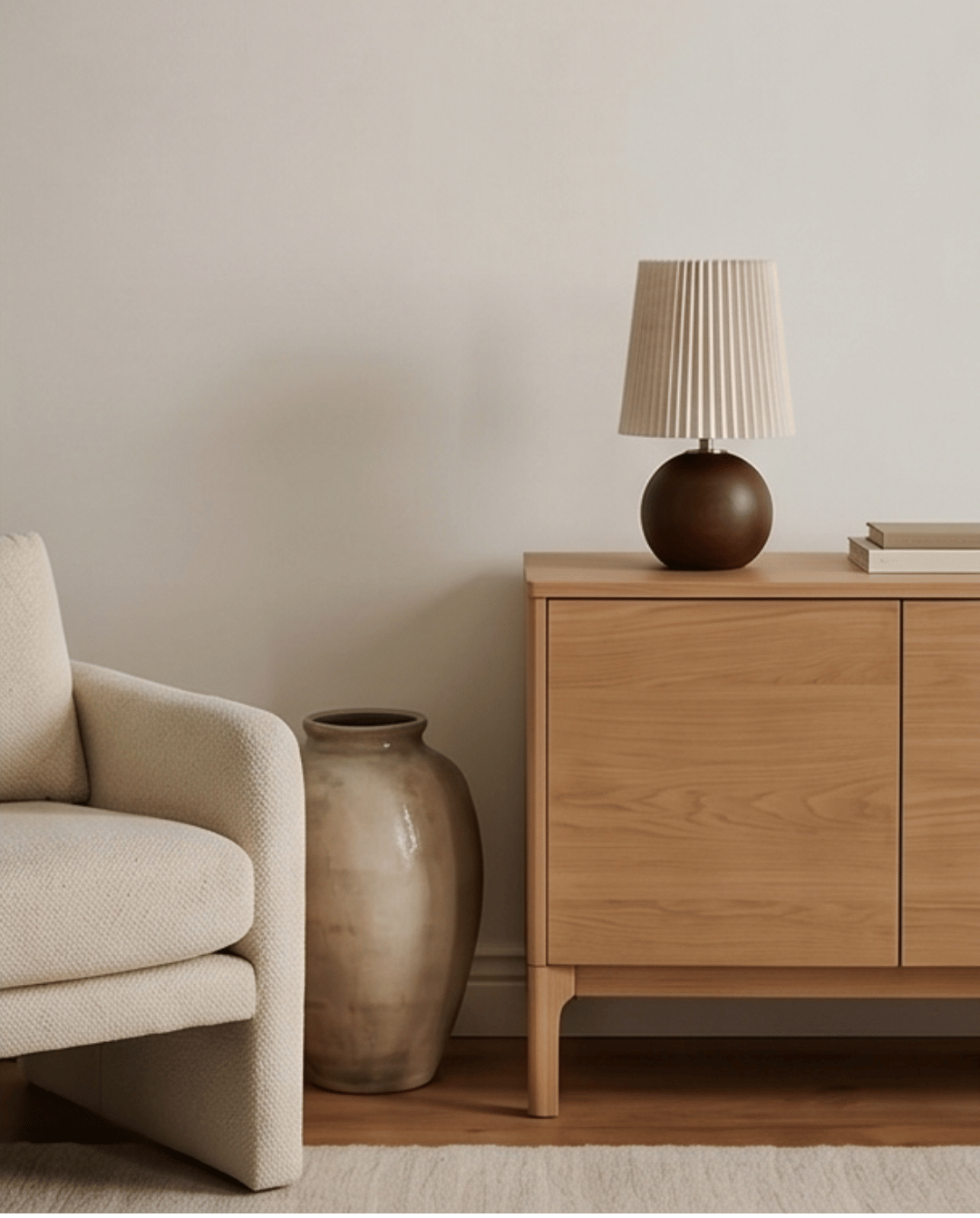 Tafellamp van keramiek met hout design en stoffen kap - rond, 28,5cm | - Maison Roze