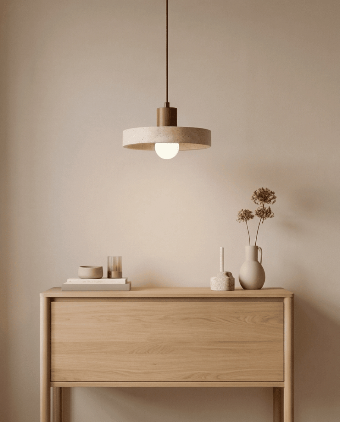 Dune Hanglamp Van Geel Travertijn Met Massief Houten Accent | - Maison Roze