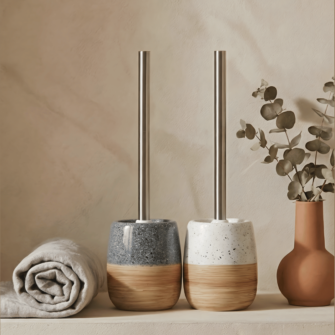 Keramische Toiletborstelset – Houten Textuur Voet – Roestvrijstalen Handvat