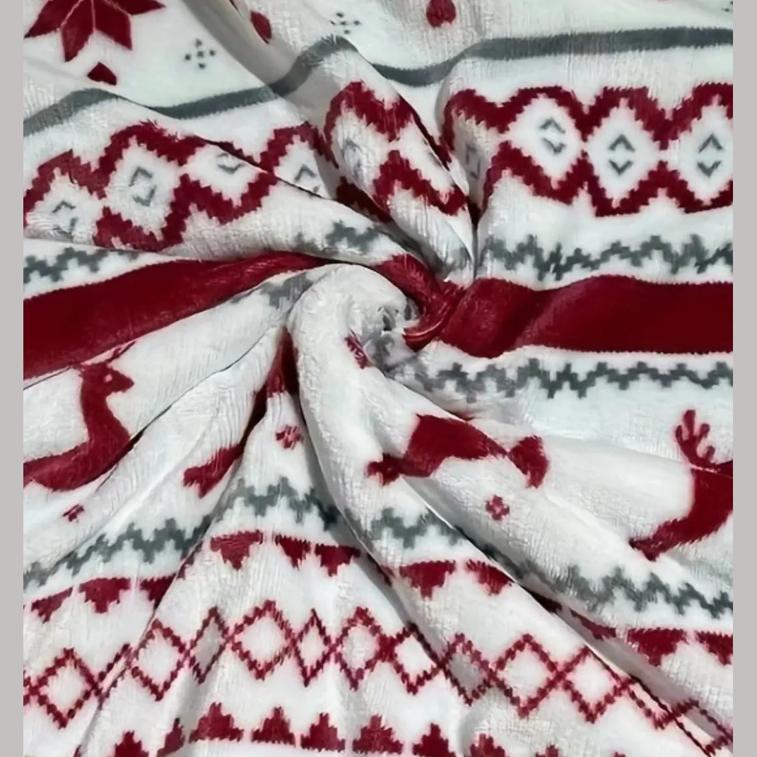 Witte Pluche Kerstdeken – Rode Rendierprint