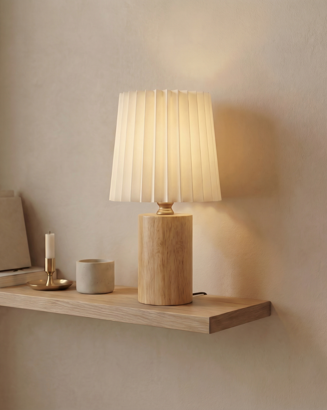 Koreaanse Stijl Tafellamp – Geplooide Stoffen Kap Met Houten Voet | Eiken - Maison Roze