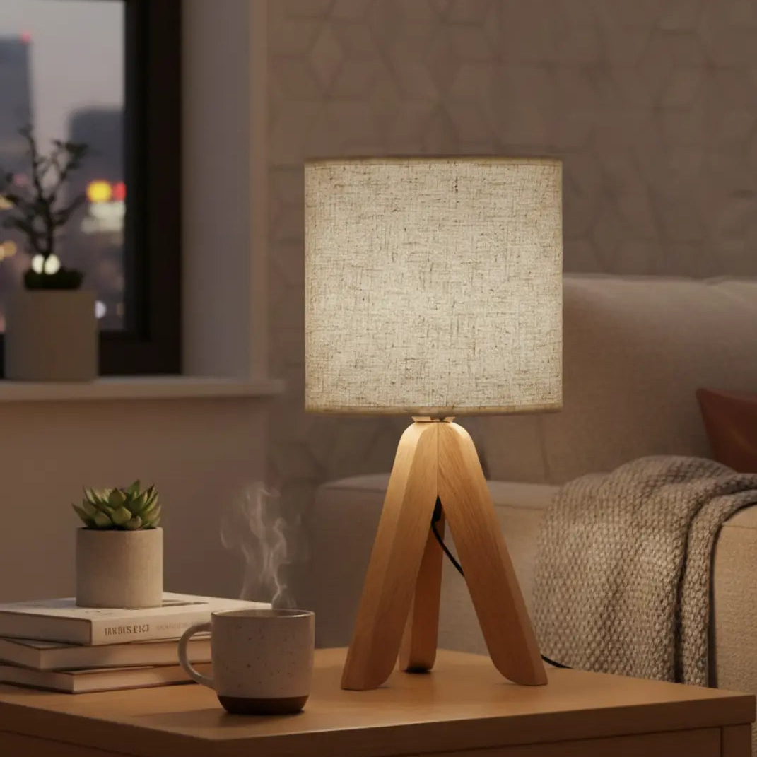 40cm Minimalistische Tafellamp – Houten Tripod Voet Met Stoffen Kap