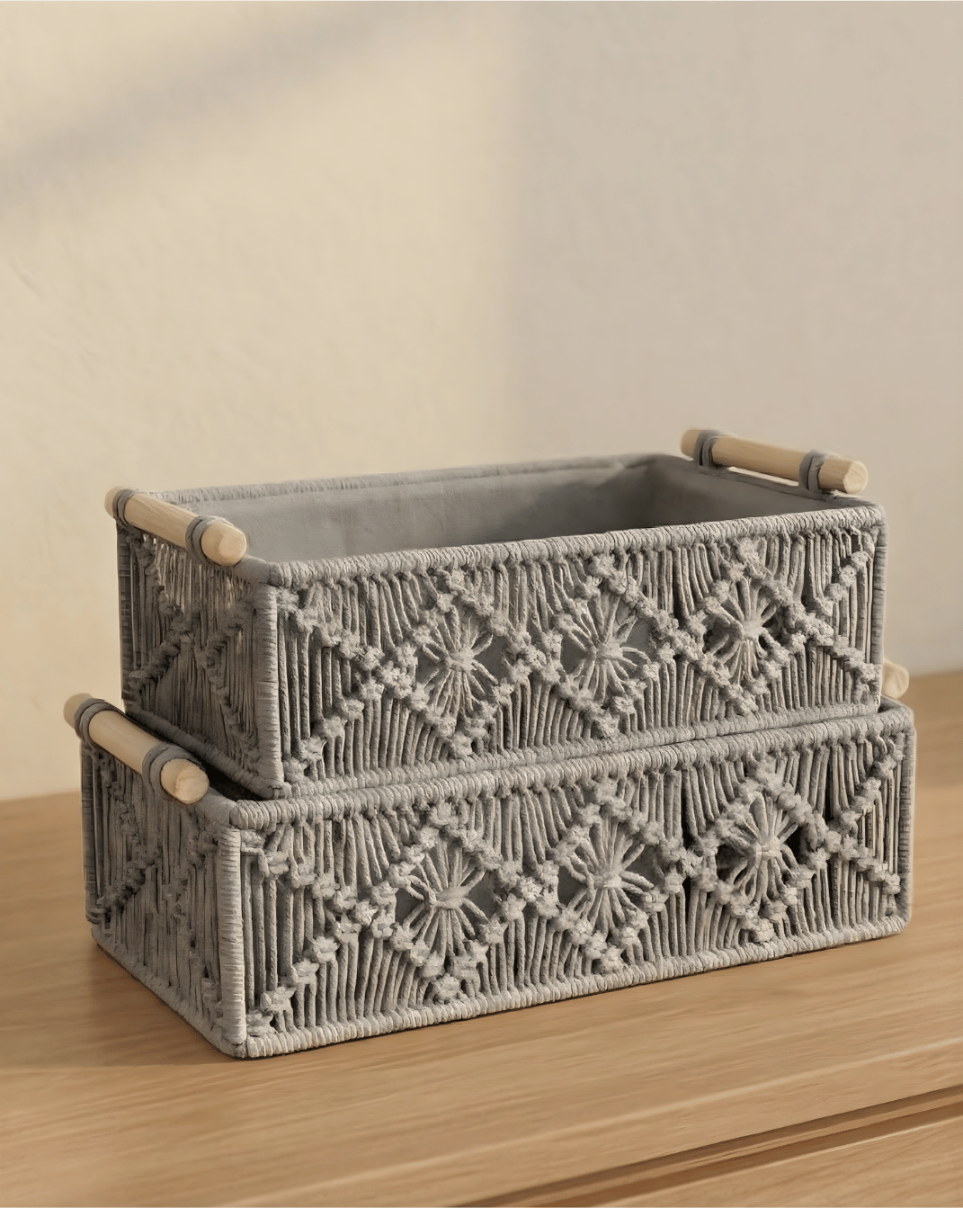 Boho Opbergmandjes Set (2 stuks) - Gevlochten Organizer met Houten Handvatten | - Maison Roze