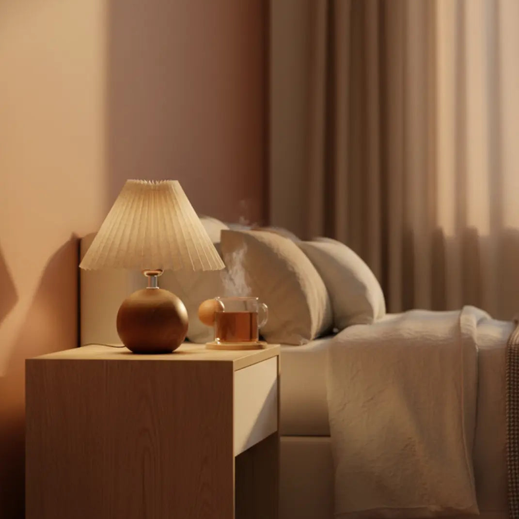 30cm Nordic Ronde Vintage Tafellamp – Keramische Voet Met Houten Afwerking